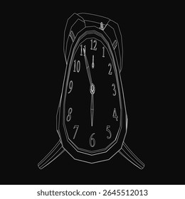 O despertador preto e branco com rosto branco, mãos pretas e números em negrito se destaca contra um fundo escuro. O relógio apresenta uma borda preta elegante e fica sobre uma mesa, criando um minimalista.