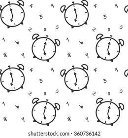 black and white alarm clock with number seamless vector pattern background illustration