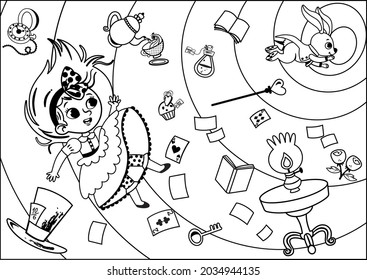 Black   white Alice character falls into the rabbit hole  Painting activity for children in Alice in Wonderland theme  Vector illustration 