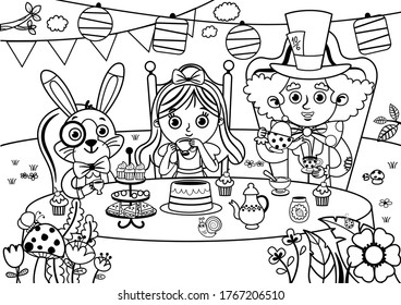 Black and white Alice in Wonderland vector illustration. Mad Tea Party. Alice, white rabbit and Mad Hatter characters have a great time in a tea party. Coloring book fun design for Wonderland style.