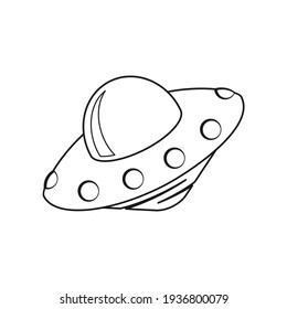 Black and white alien spaceship on a white. UFO, flying saucer. Space travel. Space flight. Vector design element for banner, poster, cover, sign, icon, logo, emblem, website and print for clothing