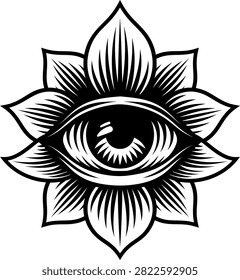 A Black and white all seeing eye centered in a lotus mandala flower. Vintge woodcut etching style tattoo art with intricate linework. Mystic, spiritual symbol of awareness and protection. 