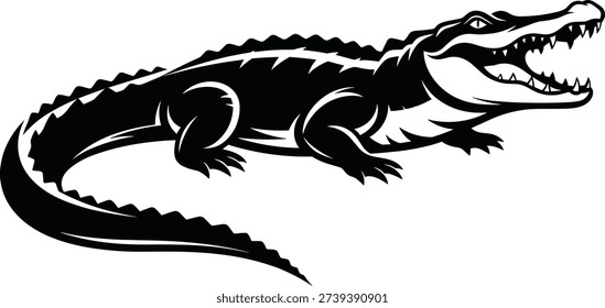 Black and white alligator illustration with open mouth and sharp teeth, bold stylized reptile vector design for wildlife, mascot, logo and educational projects