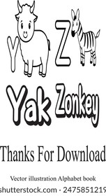 Black and white Alphabet book vector illustration for Kid's (Y-Z)