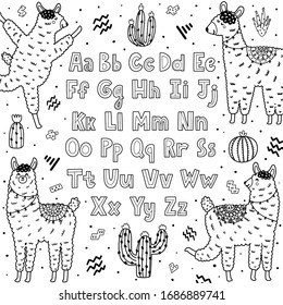 Black and white alphabet with cute llamas. Abc coloring page for kids. Outline background with letters. Vector illustration