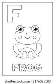 Black and white alphabet flashcard for children. Learning letter F. Coloring book.