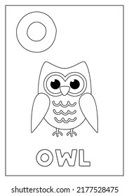 Black and white alphabet flashcard for children. Learning letter O. Coloring book.