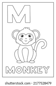 Black and white alphabet flashcard for children. Learning letter M. Coloring book.