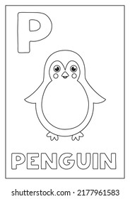 Black and white alphabet flashcard for children. Learning letter P. Coloring book.