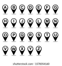 Black and white alphabet icon with location pin symbol.