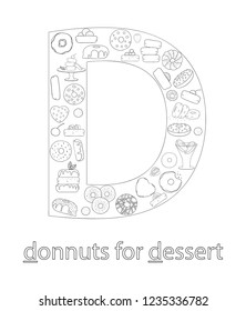 Black and white alphabet letter D. Phonics flashcard. Cute letter D for teaching reading with cartoon style donuts. Coloring page for children