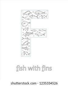 Black and white alphabet letter F. Phonics flashcard. Cute letter F for teaching reading with cartoon style fish. Coloring page for children