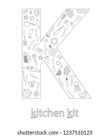 Black and white alphabet letter K. Phonics flashcard. Cute letter K for teaching reading with cartoon style kitchen appliances. Coloring page for children