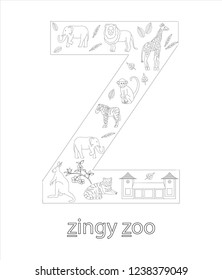 Black and white alphabet letter Z. Phonics flashcard. Cute letter Z for teaching reading with cartoon style zoo, tiger, giraffe, lion, monkey, zebra, elephant, kangaroo. Coloring page for children