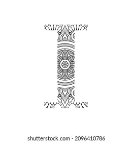 Black and white alphabet letters with flower shaped mandala design