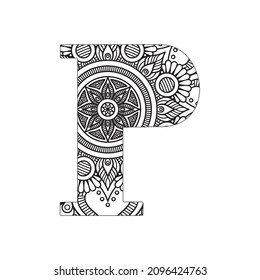 Black and white alphabet letters with flower shaped mandala design