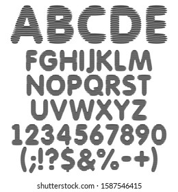 Black and white alphabet, letters, numbers and signs from round layers. Set of vector isolated objects on a white background.