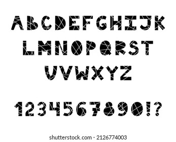 Black and white alphabet with lines. Striped font with letters, numbers and punctuation marks. Latin alphabet.