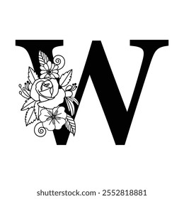 Black and White Alphabet W Monogram, Typography Family Name Sign, Floral Logo Illustration