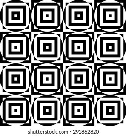 Black and white alternating circles cut through squares.Seamless stylish geometric background. Modern abstract pattern. Flat monochrome design.