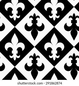 Color negro y blanco alternando Fleur-de-lis arriba y abajo.Fondo geométrico elegante y sin inconvenientes. Diseño abstracto moderno. Diseño plano monocromo.