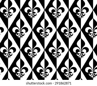 Black and white alternating Fleur-de-lis half and half dot.Seamless stylish geometric background. Modern abstract pattern. Flat monochrome design.