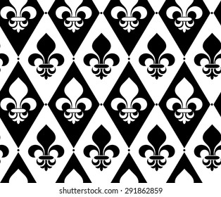 Black and white alternating Fleur-de-lis on diamonds with dots.Seamless stylish geometric background. Modern abstract pattern. Flat monochrome design.