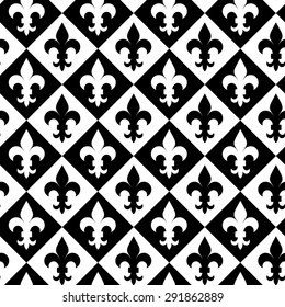Black and white alternating Fleur-de-lis on diamonds.Seamless stylish geometric background. Modern abstract pattern. Flat monochrome design.
