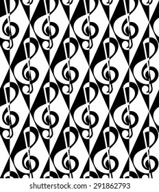 Black and white alternating G clef half and half on diamonds.Seamless stylish geometric background. Modern abstract pattern. Flat monochrome design.