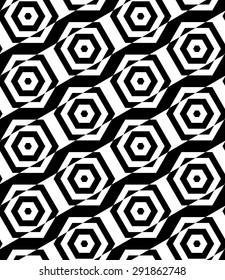 Black and white alternating rectangles cut through hexagons diagonal.Seamless stylish geometric background. Modern abstract pattern. Flat monochrome design.