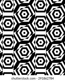 Black and white alternating rectangles cut through hexagons crossing.Seamless stylish geometric background. Modern abstract pattern. Flat monochrome design.