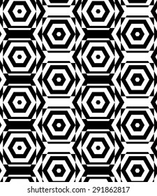 Black and white alternating squares cut through hexagons vertical.Seamless stylish geometric background. Modern abstract pattern. Flat monochrome design.