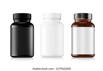 Black, white and amber bottles mockup isolated on white background. Can be used for medical, cosmetic, food. Vector illustration. EPS10.	