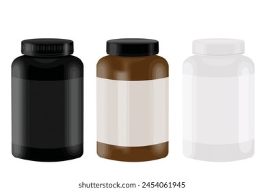 Black, white and amber bottles mockup isolated on white background, vector illustration