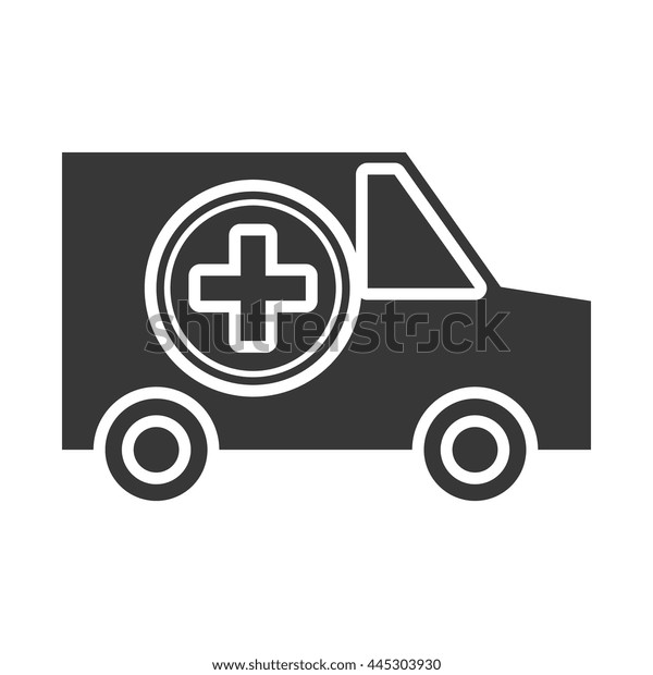 black and white ambulance car side view\
over isolated background, vector illustration\
