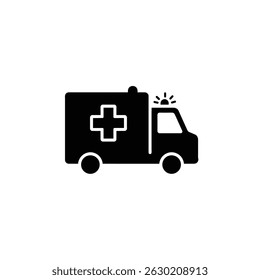 Black and white ambulance icon depicting emergency medical services and healthcare