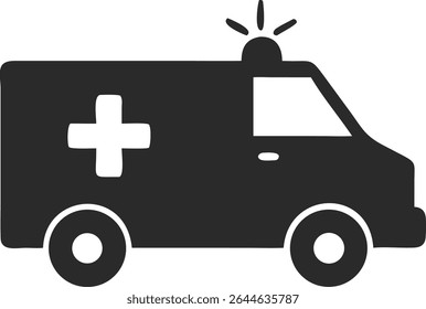 Black and White Ambulance Icon with Emergency Cross and Siren – Medical Transport Symbol