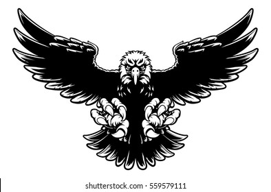 Black and white American bald eagle mascot swooping with claws out and wings spread