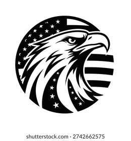 Black and white american eagle head with stars and stripes for patriotic designs