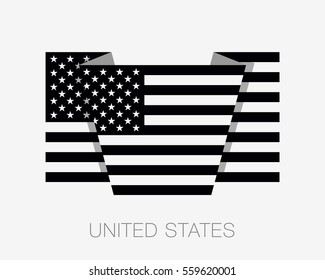 Black and White American Flag. Flat Icon Wavering Flag with Country Name on a White Background