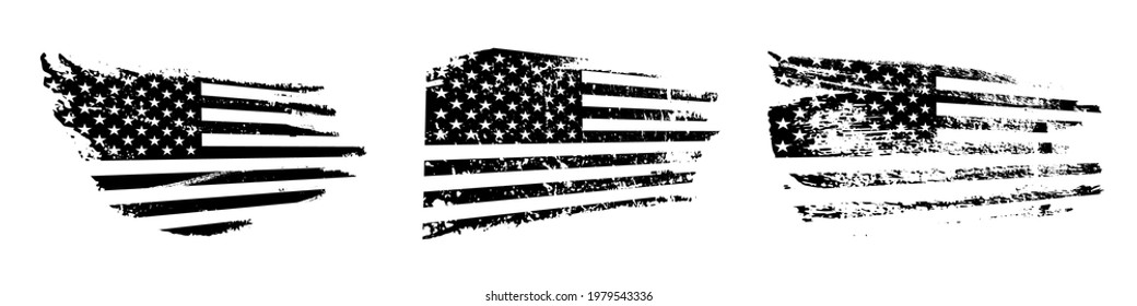 Bandera norteamericana en blanco y negro con un conjunto de estilo grunge. Ilustración vectorial de diseño de textura áspera vintage. Rayas monocromas y dibujos de estrellas de Estados Unidos. Iconos creativos de símbolos nacionales.