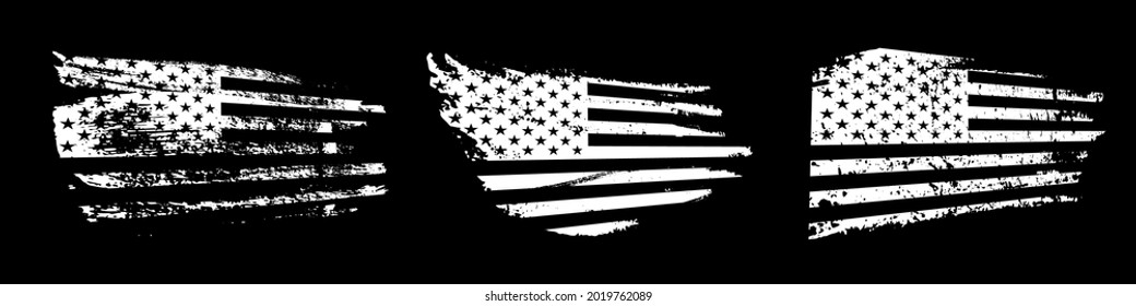 Black and white American flag in grunge style set. Vintage rough textured design vector illustration. Monochrome stripes and stars sketches of USA. Creative national symbol icons.