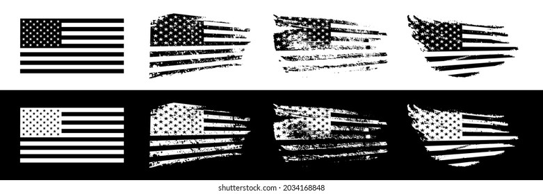 Black and white American flag in grunge style set. Vintage rough textured design vector illustration. Monochrome stripes and stars sketches of USA. Creative national symbol icons.