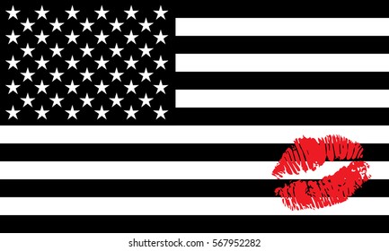 Black and white American flag with lips stamp.