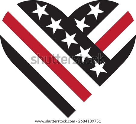 Black and white American flag with red stripe in the shape of a heart. I love my firefighter. Acknowledging first responders 