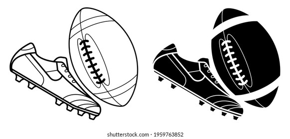 Black and white american football ball and boot, spiked sneaker. Isolated vector on white background