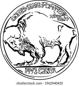 Black and white American money 5 Cent Coin, Reverse of Buffalo nickel with American Bison