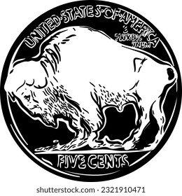 Black and white American money 5 Cent Coin, Reverse of Buffalo nickel with American Bison