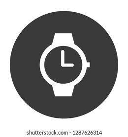 Black and white analogue wristwatch circle icon. Simple and modern as well as minimal design with black background. Ideal to use to mention a scheduled time and appointment.