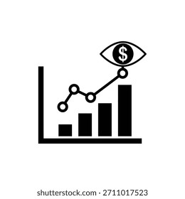 Black and white analytics icon combining chart, graph, eye, and dollar sign